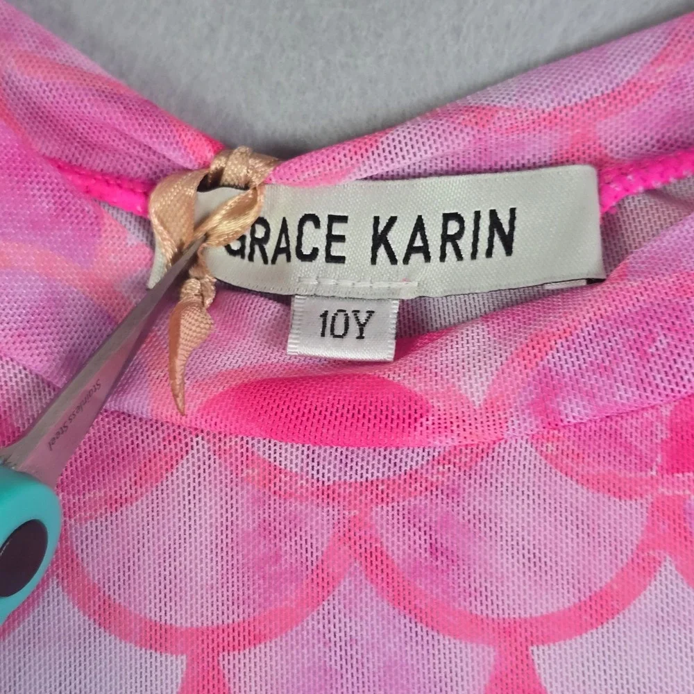 Grace Karin 3pc Swimsuit Set Girls Size 10 Pink Mermaid Rash Guard Bikini Dress
